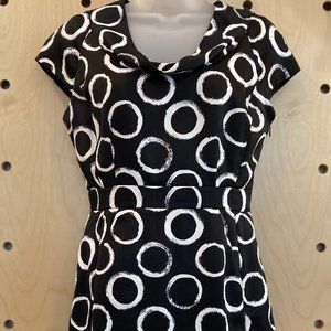 Merona Black White Sheath Midi Dress Cowl Neck Short Cap Sleeve Circle, Size 4